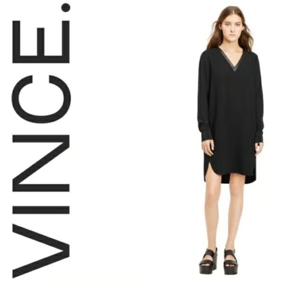 VINCE. Black Mixed Media Long Sleeve Dress w/Pockets Size 4 Tunic Leather Silk‎ - Picture 15 of 15